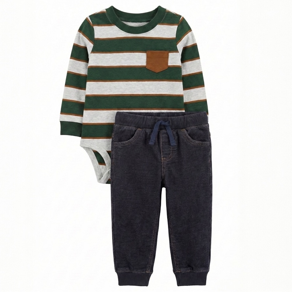 Carter’s Baby Boy 2Pc Outfit 24M Green Striped Bodysuit Denim Look Joggers Set